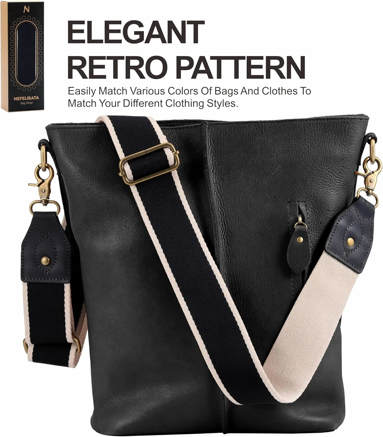Nefelibata Purse Strap-2"Crazy Horse Leather Wide Shoulder Strap Adjustable Replacement,Retro knit Embroidery Multi-pattern Crossbody Bag Straps for Handbag,Crossbody Bags(Leather Striped Black White)
