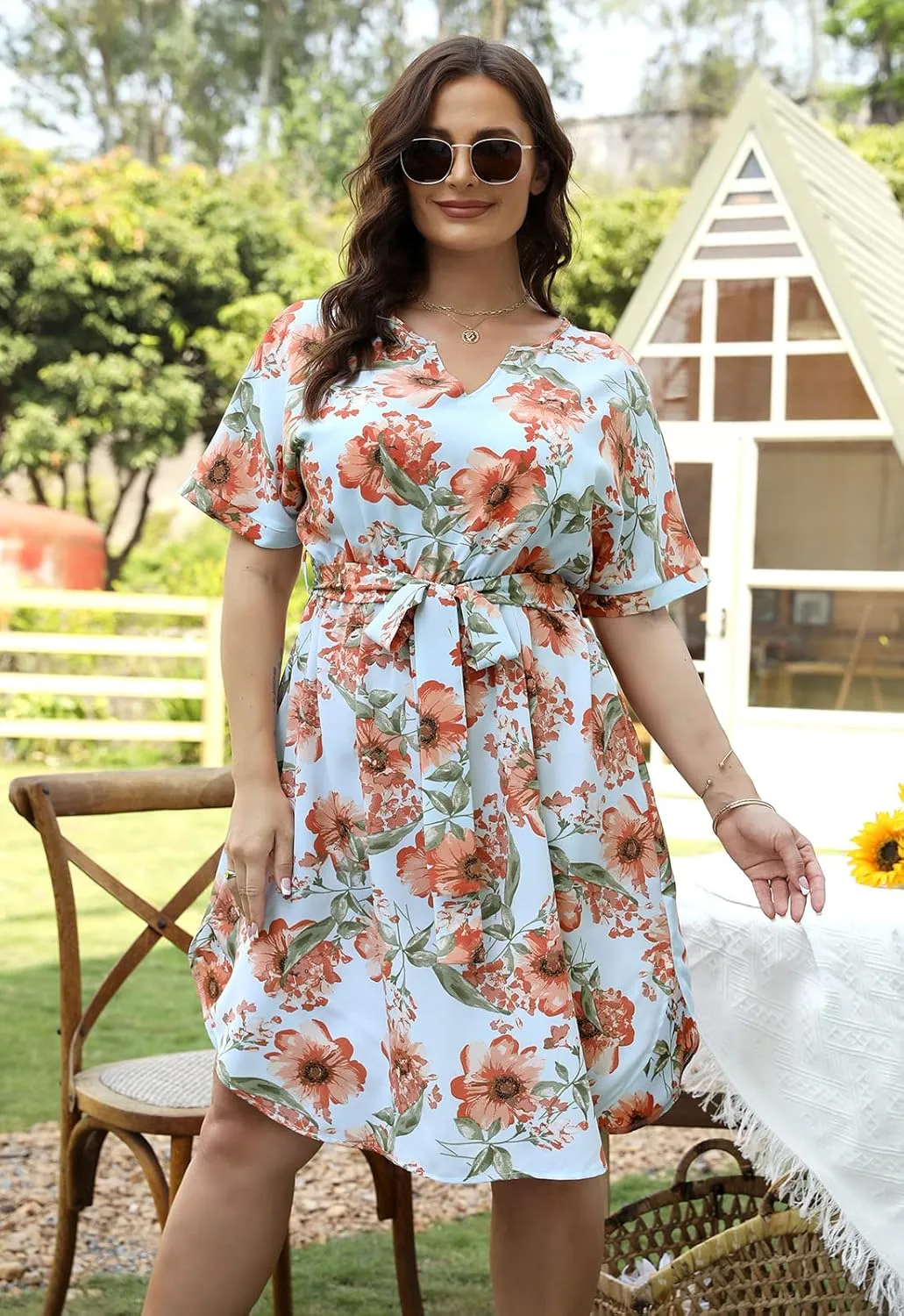 Nemidor Womens Casual Plus Size Summer Boho Floral Print Swing Midi Dress with Pockets NEM306