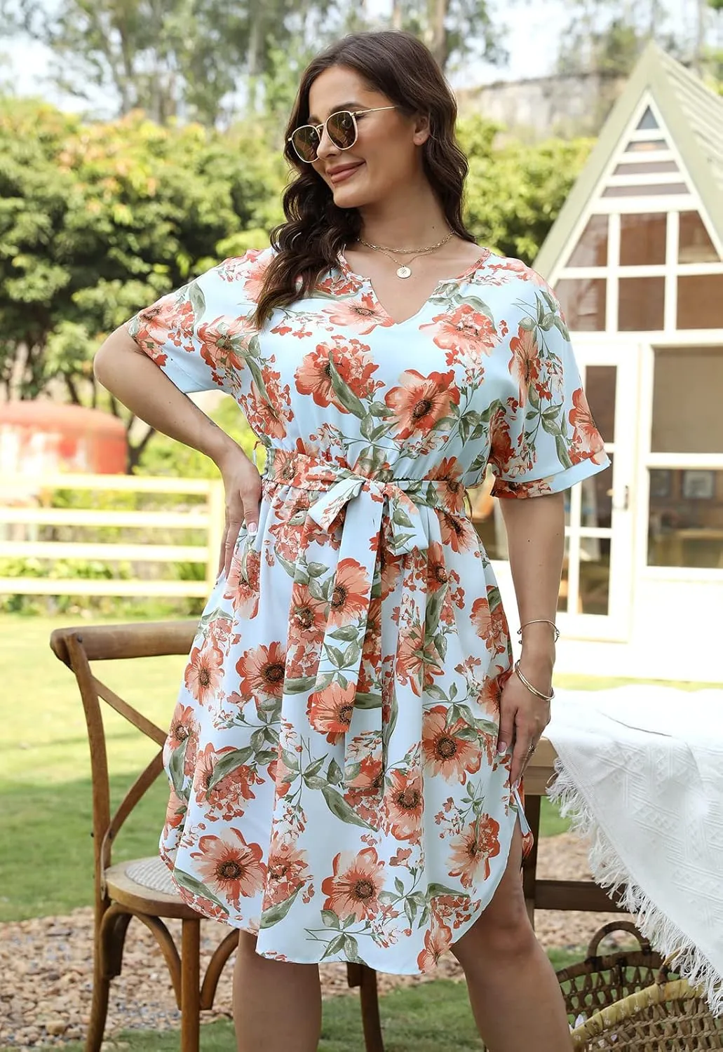 Nemidor Womens Casual Plus Size Summer Boho Floral Print Swing Midi Dress with Pockets NEM306