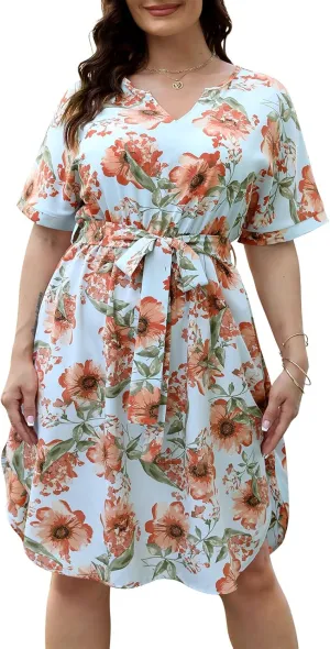 Nemidor Womens Casual Plus Size Summer Boho Floral Print Swing Midi Dress with Pockets NEM306
