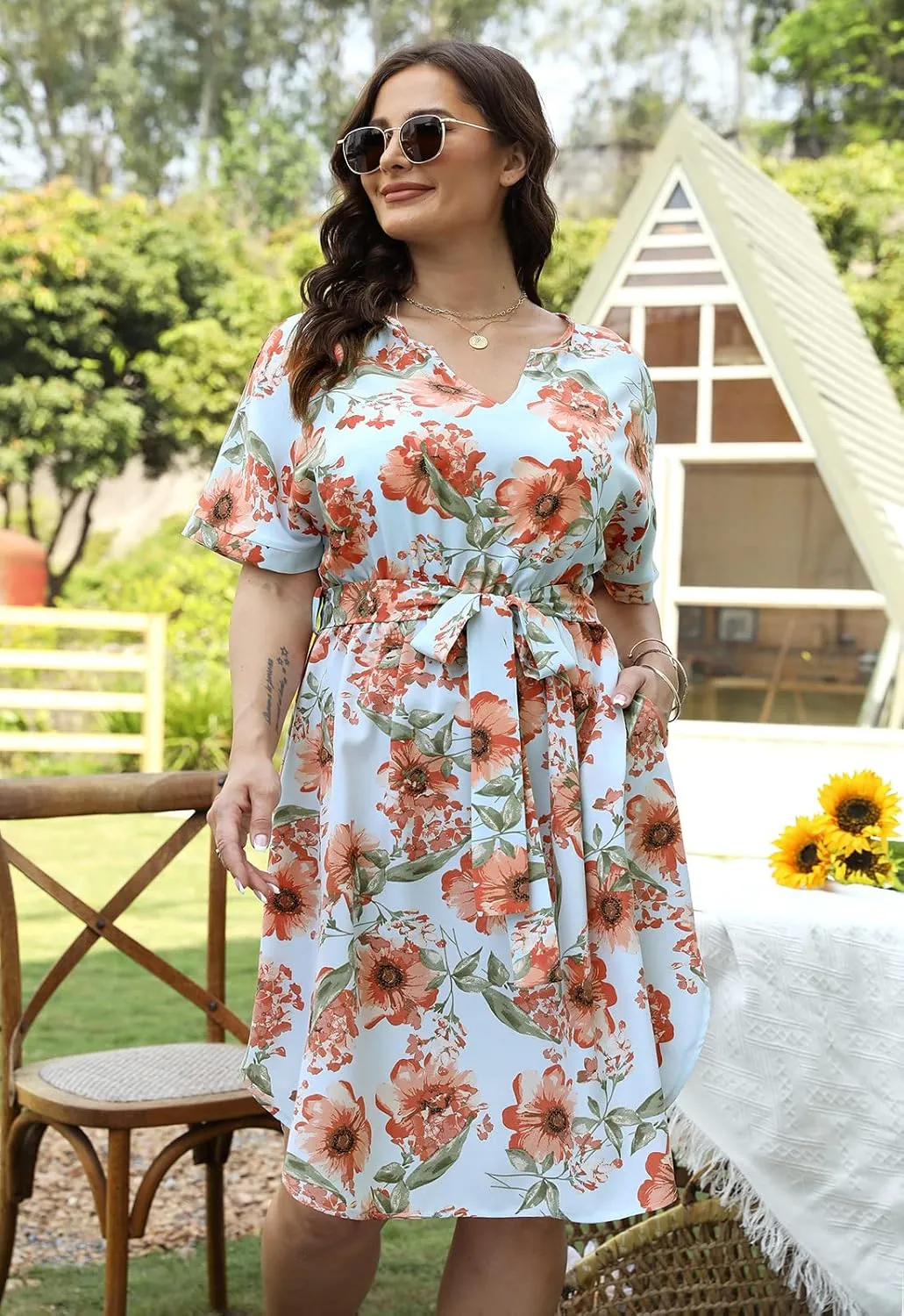 Nemidor Womens Casual Plus Size Summer Boho Floral Print Swing Midi Dress with Pockets NEM306
