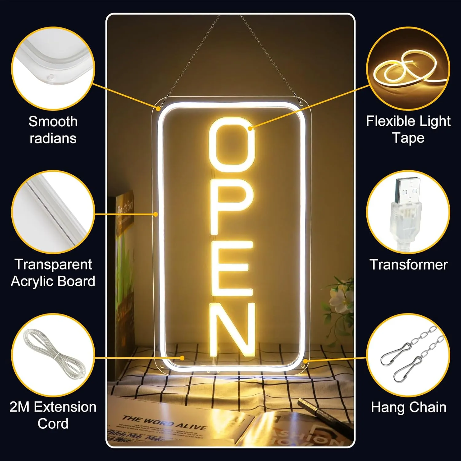 Neon Open Sign 16''x9'', Super Bright LED Open Signs for Business, Adjustable Brightness Open Sign Powered by USB with ON/OFF Switch, for Party Club Hotel Window Wall Store (White&Yellow, Vertical)