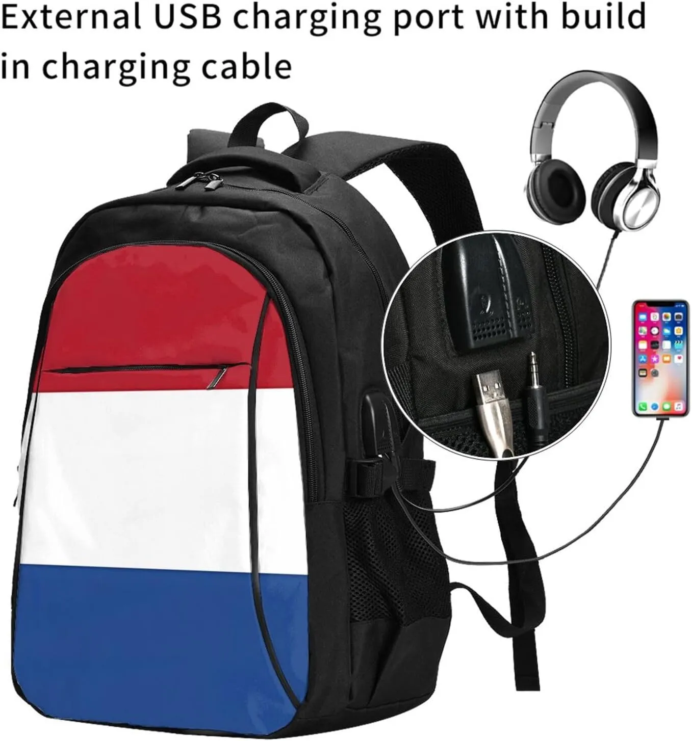 Netherlands Holland Flag Travel Backpacks Casual Backpack Large Capacity Laptop Rucksack Luggage Daypacks with USB Charging Port Multi-Pockets Bags for Hiking