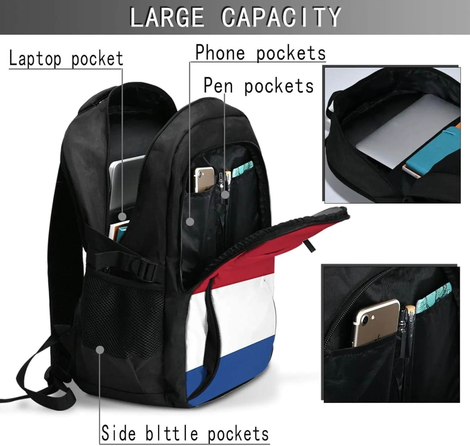Netherlands Holland Flag Travel Backpacks Casual Backpack Large Capacity Laptop Rucksack Luggage Daypacks with USB Charging Port Multi-Pockets Bags for Hiking