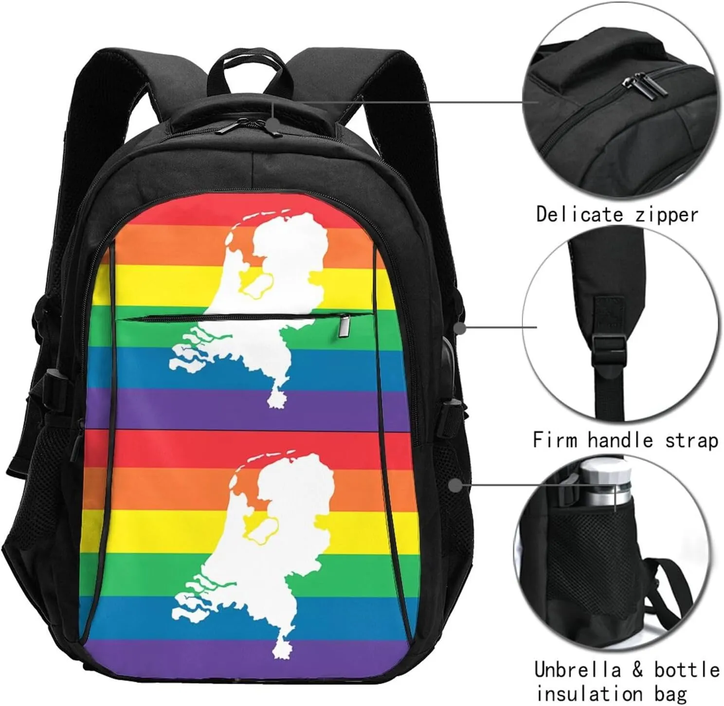 Netherlands Holland LGBT Pride Flag Travel Backpacks Casual Backpack Large Capacity Laptop Rucksack Luggage Daypacks with USB Charging Port Multi-Pockets Bags for Hiking