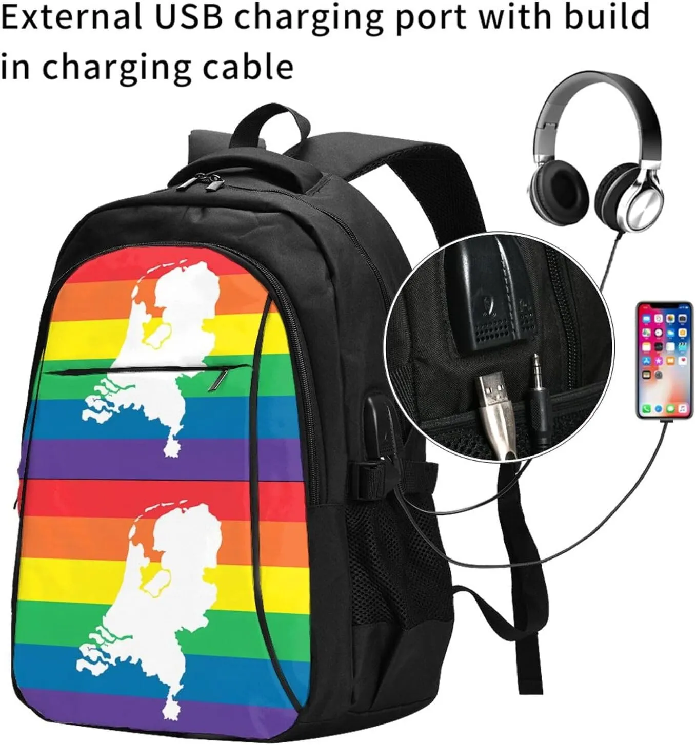 Netherlands Holland LGBT Pride Flag Travel Backpacks Casual Backpack Large Capacity Laptop Rucksack Luggage Daypacks with USB Charging Port Multi-Pockets Bags for Hiking