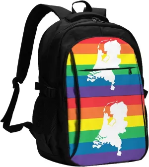 Netherlands Holland LGBT Pride Flag Travel Backpacks Casual Backpack Large Capacity Laptop Rucksack Luggage Daypacks with USB Charging Port Multi-Pockets Bags for Hiking