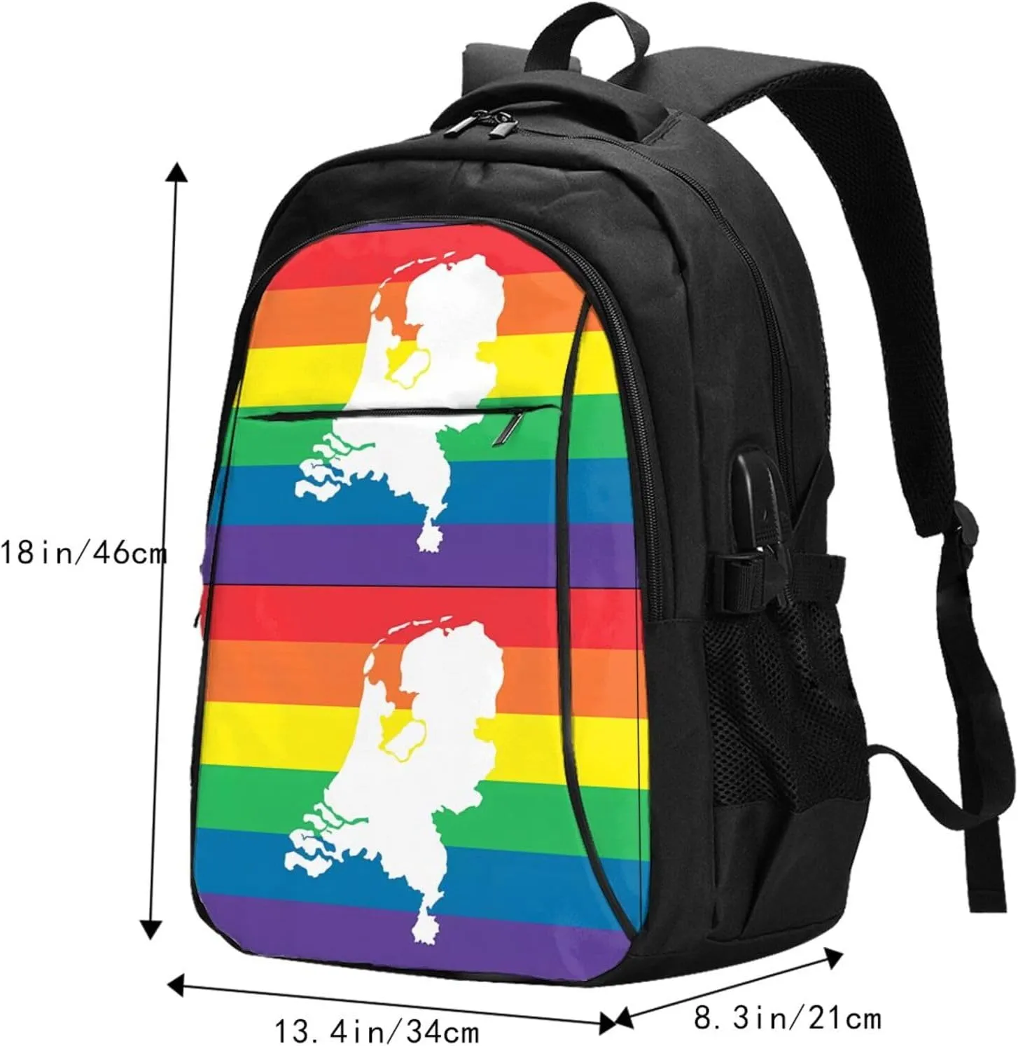 Netherlands Holland LGBT Pride Flag Travel Backpacks Casual Backpack Large Capacity Laptop Rucksack Luggage Daypacks with USB Charging Port Multi-Pockets Bags for Hiking