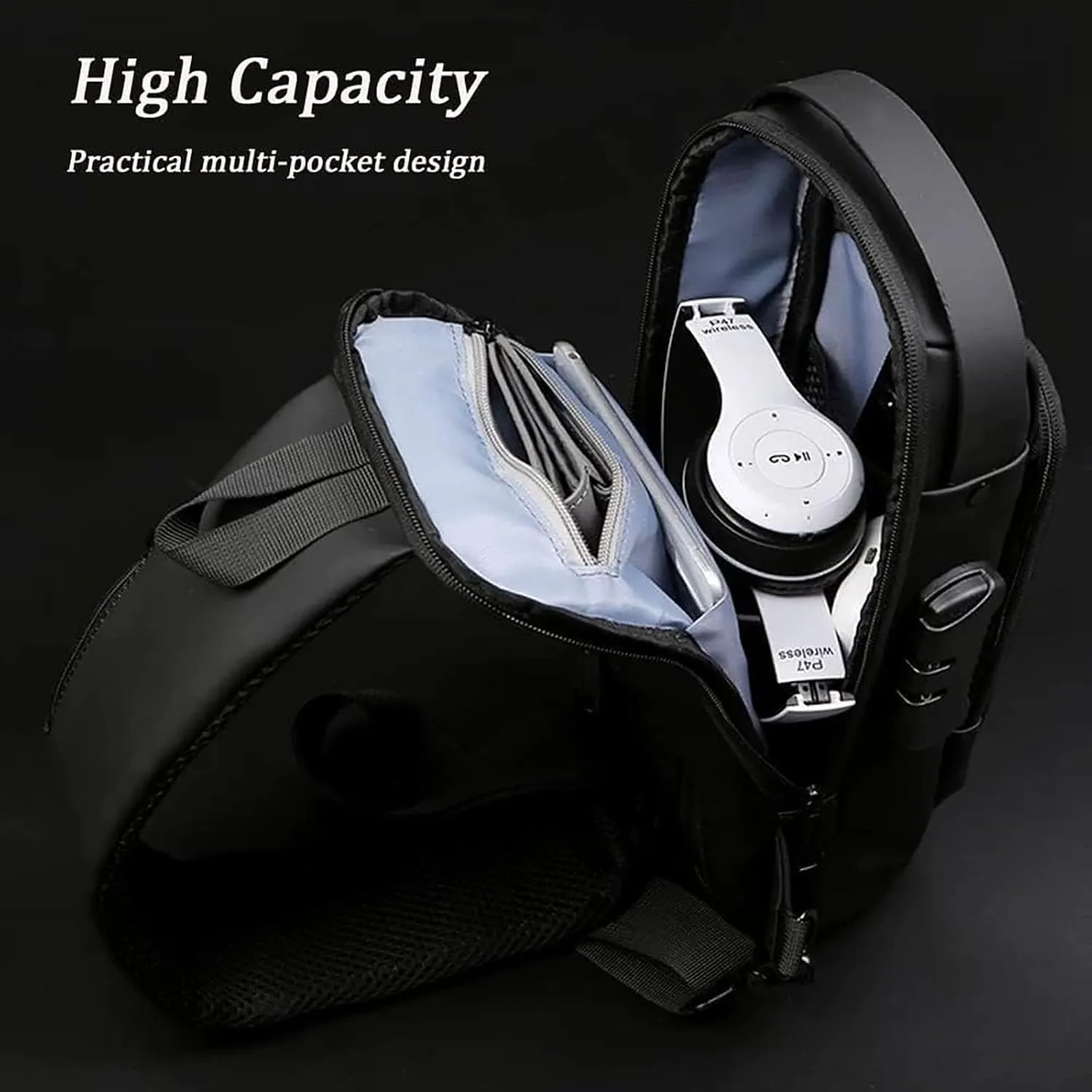 New Carbon Fiber Streamline Anti-Theft Sling Bag, Usb Charging Sport Sling, Waterproof Shoulder Backpack (Blue-B)