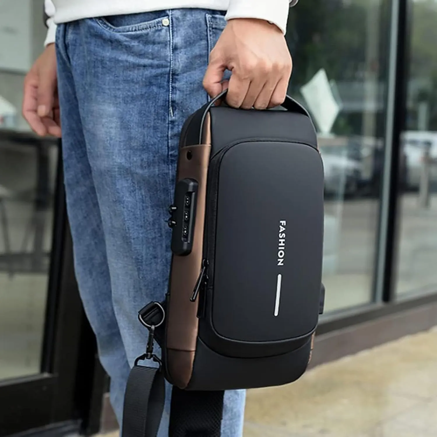 New Carbon Fiber Streamline Anti-Theft Sling Bag, Usb Charging Sport Sling, Waterproof Shoulder Backpack (Blue-B)