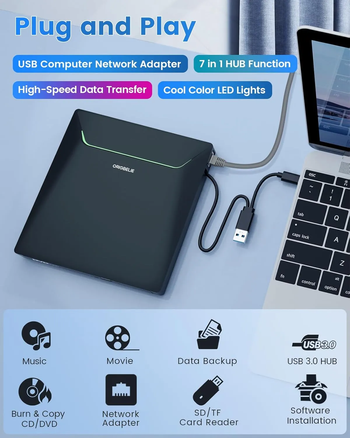 New External CD DVD Drive, Cool DVD Burner USB 3.0 with Ethernet Adapter, 3 USB and 2 TF/SD Card Ports, CD DVD Player Reader Writer Optical Disc Drive for Laptop MacBook PC Windows Linux Mac OS