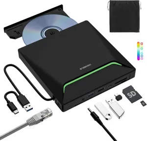 New External CD DVD Drive, Cool DVD Burner USB 3.0 with Ethernet Adapter, 3 USB and 2 TF/SD Card Ports, CD DVD Player Reader Writer Optical Disc Drive for Laptop MacBook PC Windows Linux Mac OS