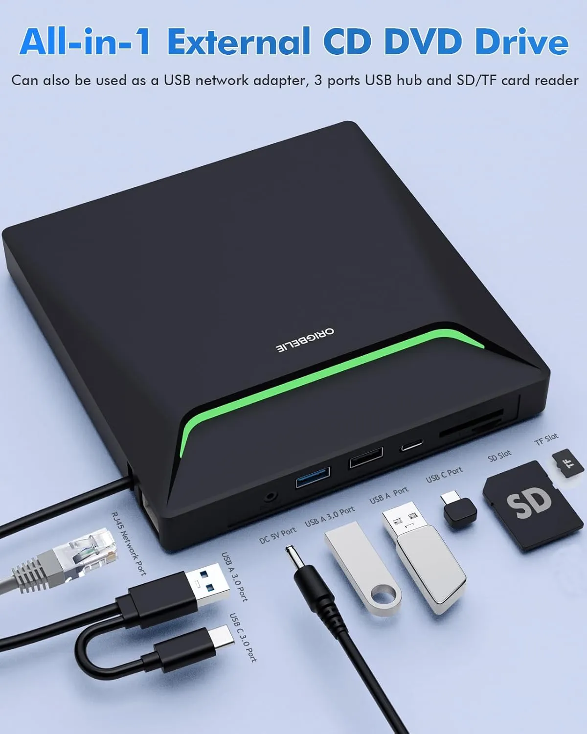 New External CD DVD Drive, Cool DVD Burner USB 3.0 with Ethernet Adapter, 3 USB and 2 TF/SD Card Ports, CD DVD Player Reader Writer Optical Disc Drive for Laptop MacBook PC Windows Linux Mac OS