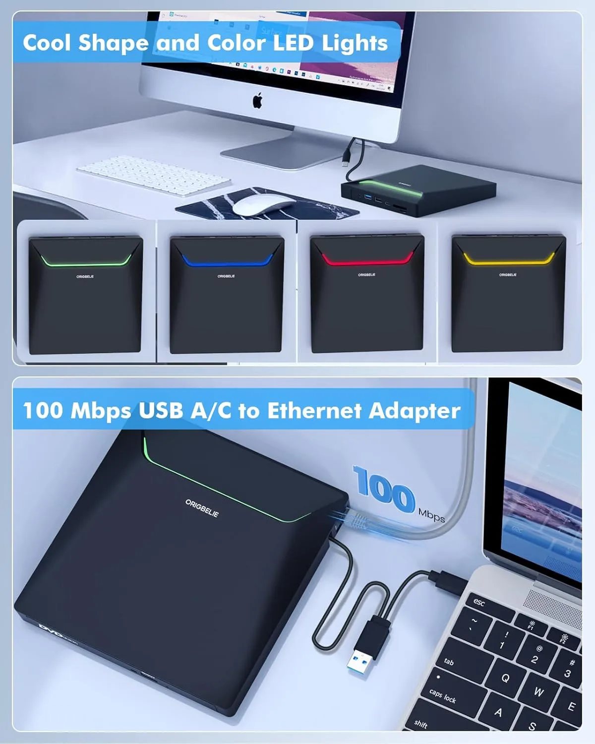 New External CD DVD Drive, Cool DVD Burner USB 3.0 with Ethernet Adapter, 3 USB and 2 TF/SD Card Ports, CD DVD Player Reader Writer Optical Disc Drive for Laptop MacBook PC Windows Linux Mac OS