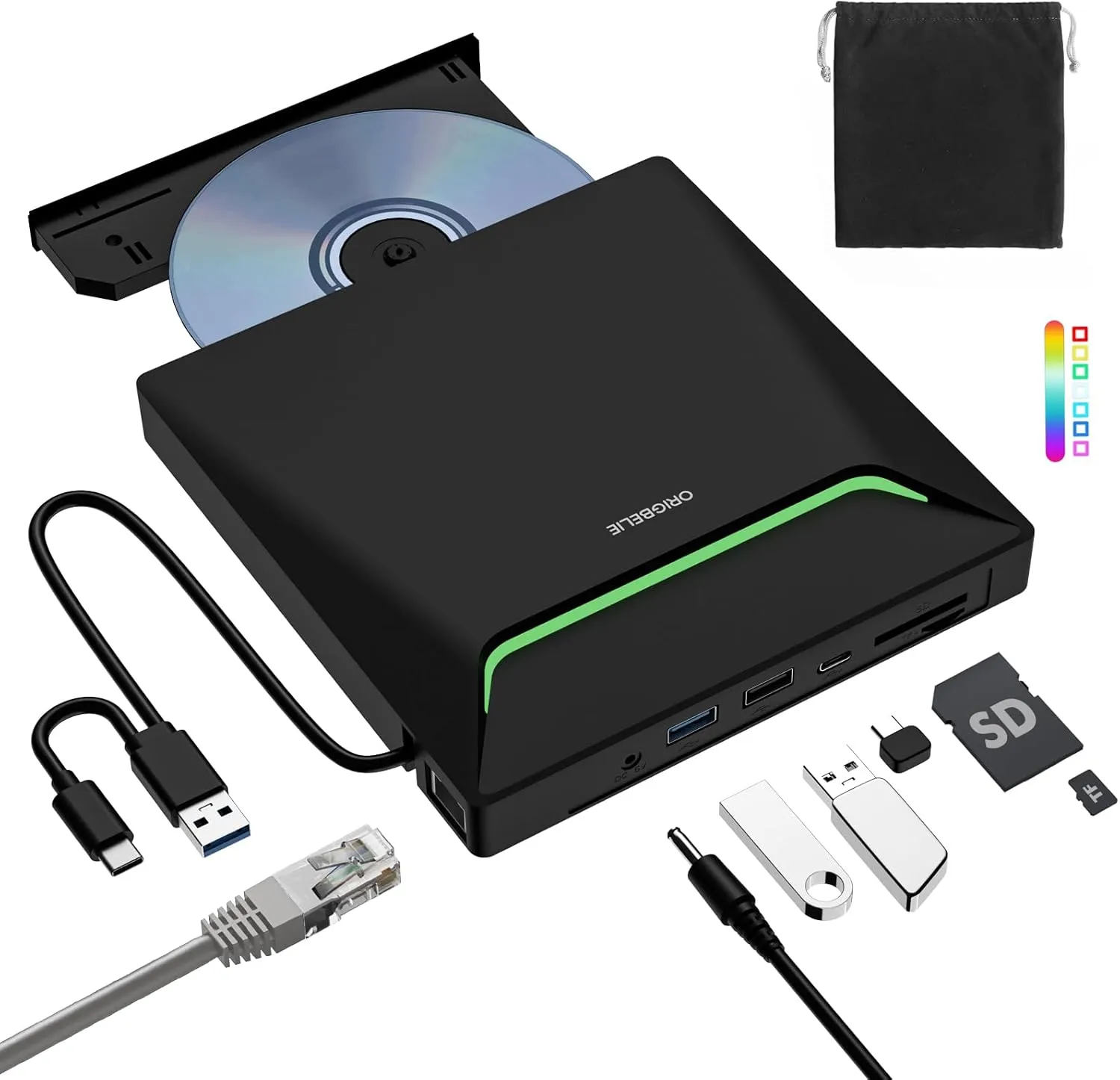 New External CD DVD Drive, Cool DVD Burner USB 3.0 with Ethernet Adapter, 3 USB and 2 TF/SD Card Ports, CD DVD Player Reader Writer Optical Disc Drive for Laptop MacBook PC Windows Linux Mac OS