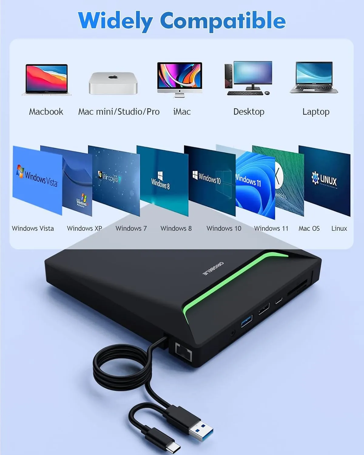 New External CD DVD Drive, Cool DVD Burner USB 3.0 with Ethernet Adapter, 3 USB and 2 TF/SD Card Ports, CD DVD Player Reader Writer Optical Disc Drive for Laptop MacBook PC Windows Linux Mac OS
