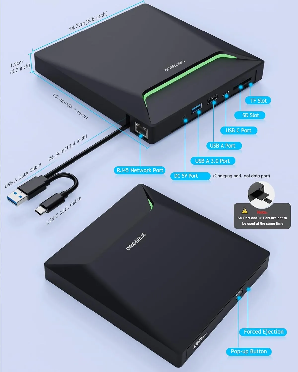 New External CD DVD Drive, Cool DVD Burner USB 3.0 with Ethernet Adapter, 3 USB and 2 TF/SD Card Ports, CD DVD Player Reader Writer Optical Disc Drive for Laptop MacBook PC Windows Linux Mac OS