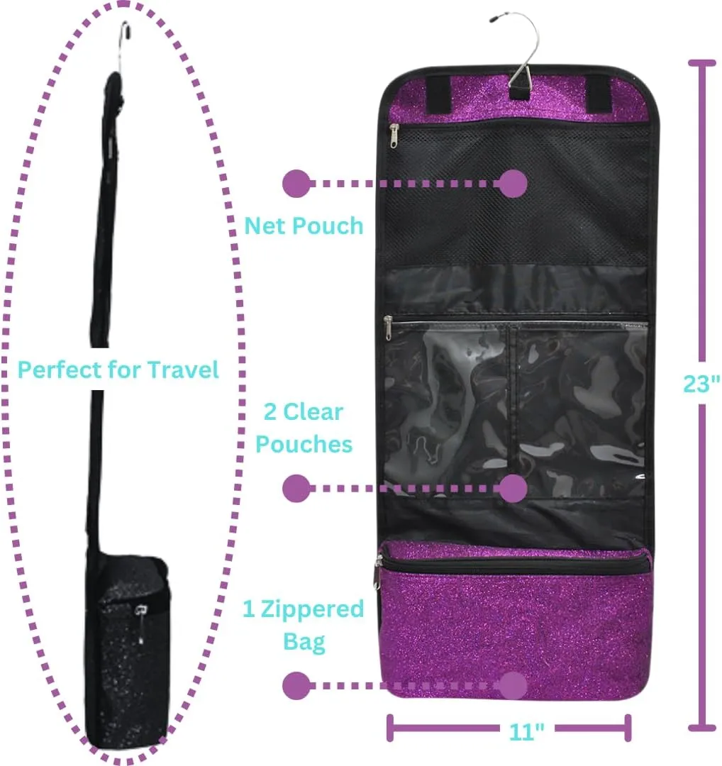 NGIL Glitter Travel Hanging Toiletry Bag for Cheerleaders and Dance Teams, Toiletry Organizer and Toiletry Bag for Women, Cosmetic Travel Bag(Glitter-Purple)