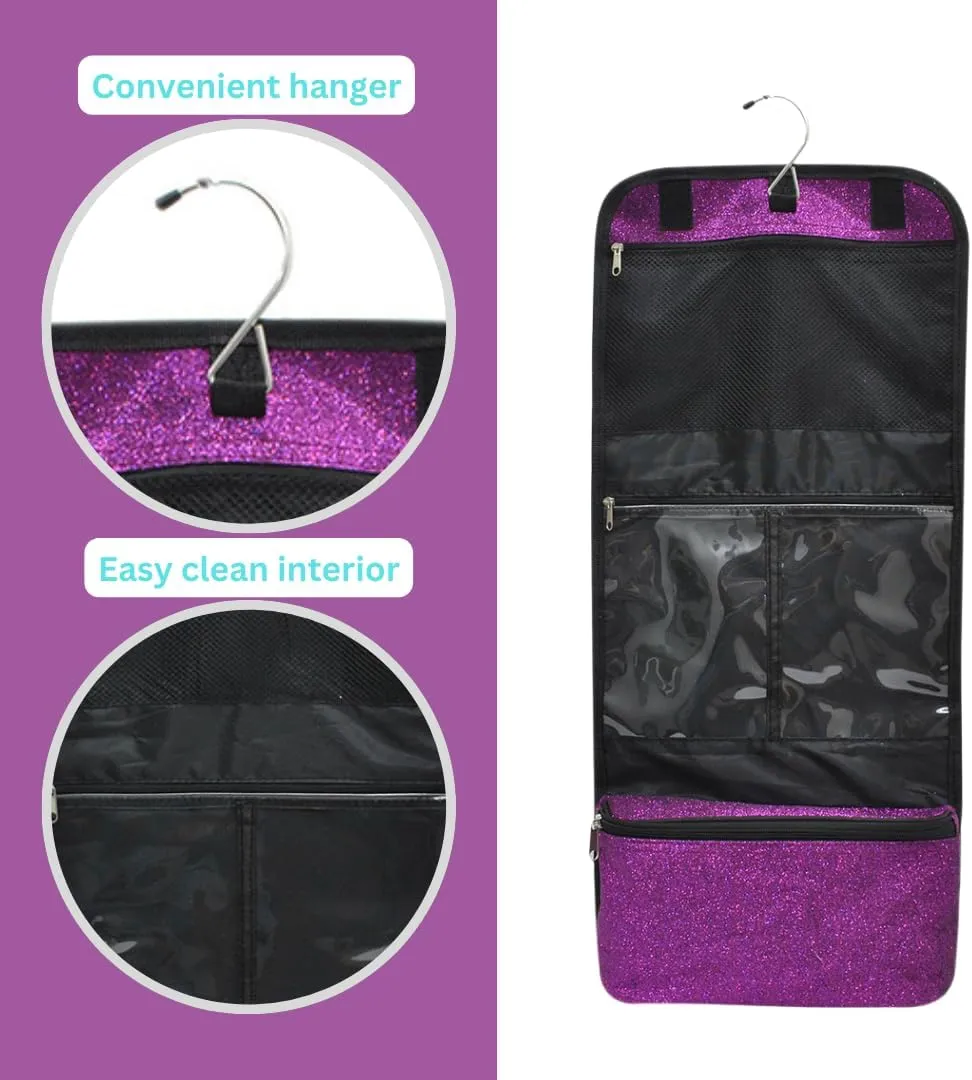 NGIL Glitter Travel Hanging Toiletry Bag for Cheerleaders and Dance Teams, Toiletry Organizer and Toiletry Bag for Women, Cosmetic Travel Bag(Glitter-Purple)