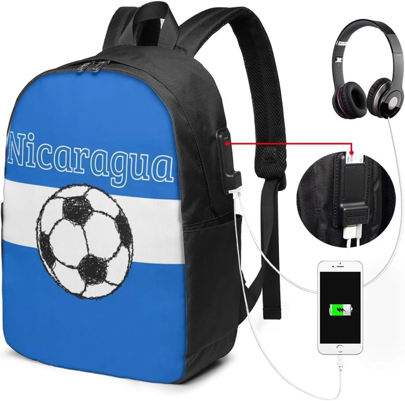 Nicaragua Football Soccer Flag Laptop Backpacks Travel Backpack Casual Business Daypack Sport Rucksack Computer Bag Fits up to 17 Inch Notebook with USB Port