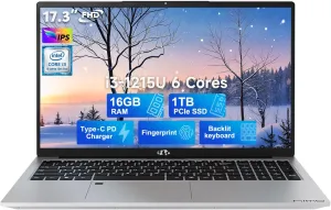 NIMO 17.3" IPS FHD-Business-Laptop, Intel 6 Core i3-1215U 16GB RAM 1TB SSD (Beat i5-1135G7, Up to 4.4GHz) Laptop-Computer with Fingerprint Backlit Keyboard 65W Type C Wi-Fi 6 Numpad Win 11