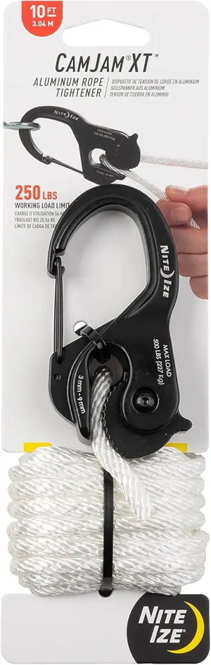 Nite Ize CamJam XT Aluminum Rope Tightener - Versatile Tie Down Cam Mechanism with Carabiner Clip - Secure Hiking Gear Essential - Rope Tie Down Accessory - Black/White
