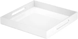 NIUBEE Acrylic Serving Tray 12x12 Inches -Spill Proof- White Decorative Tray Organiser for Ottoman Coffee Table Countertop with Handles