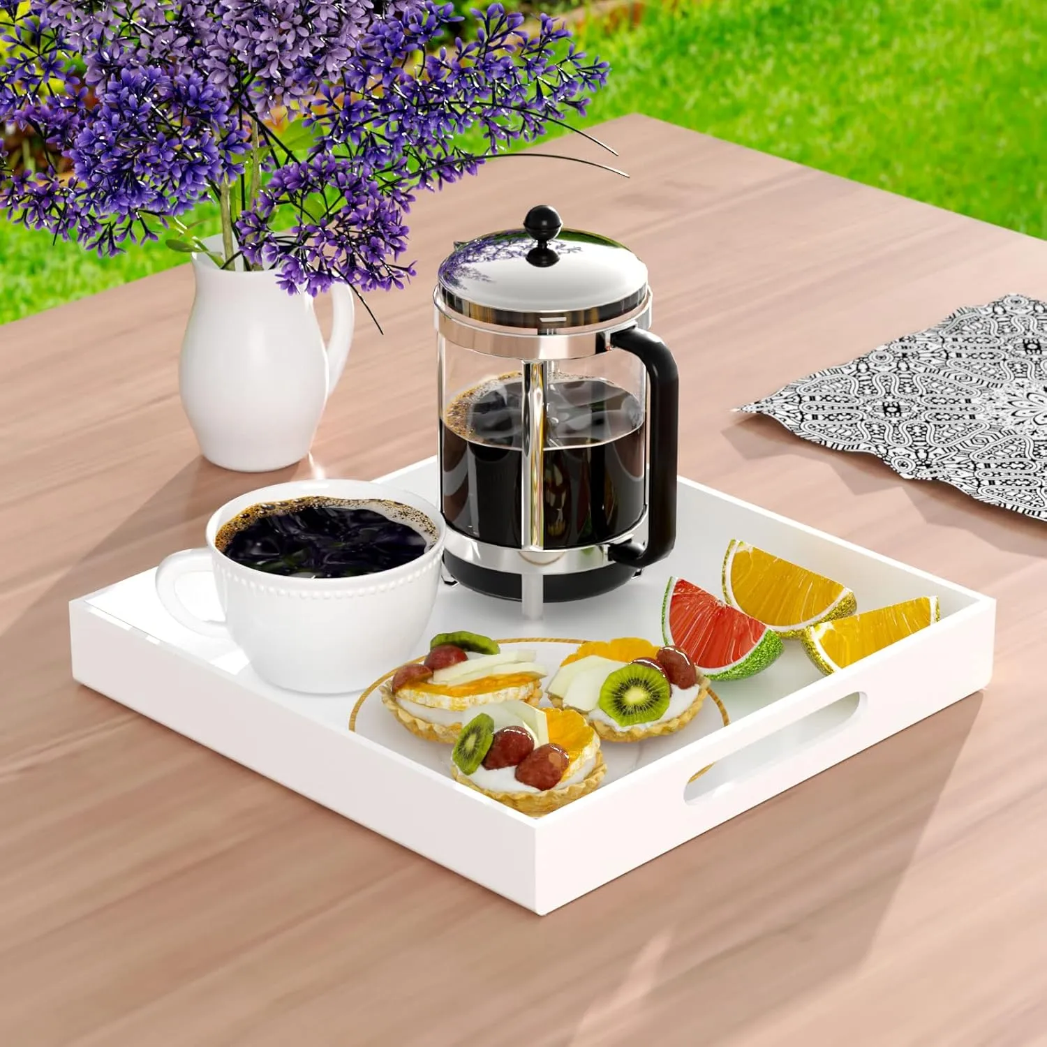NIUBEE Acrylic Serving Tray 12x12 Inches -Spill Proof- White Decorative Tray Organiser for Ottoman Coffee Table Countertop with Handles