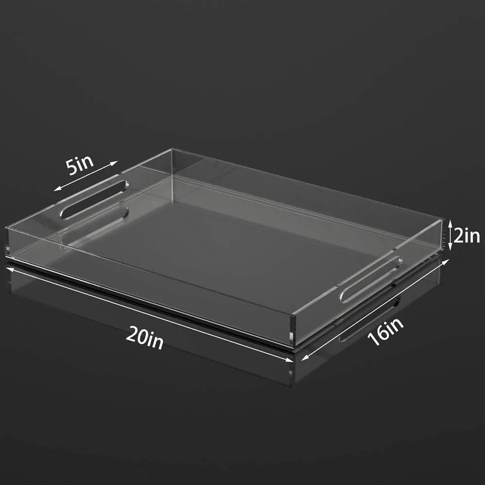 NIUBEE Acrylic Serving Tray 16x20 Inches -Spill Proof- Clear Decorative Tray Organiser for Ottoman Coffee Table Countertop with Handles
