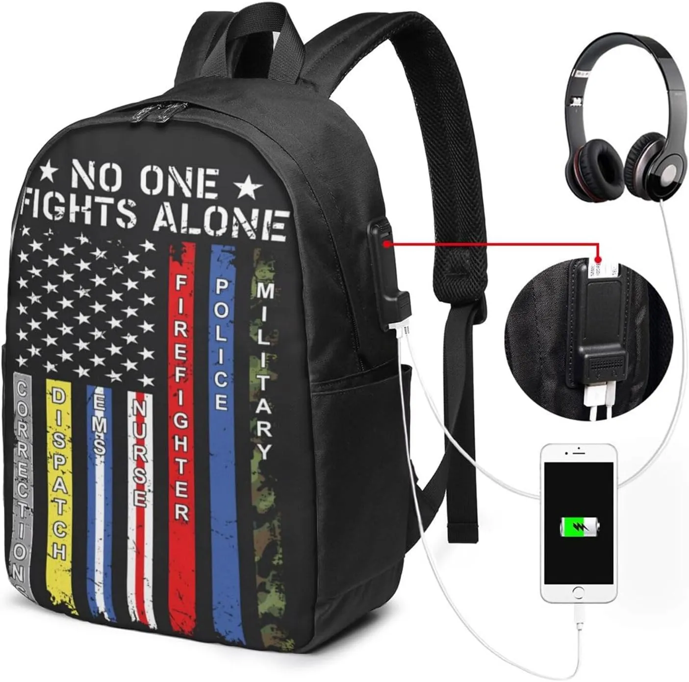 No One Fights Alone American Flag Backpack 17 Inch Laptop Backpacks Outdoor Travel Rucksack Work Business Daypack with USB Port Carry On Bag for Cycling Hiking