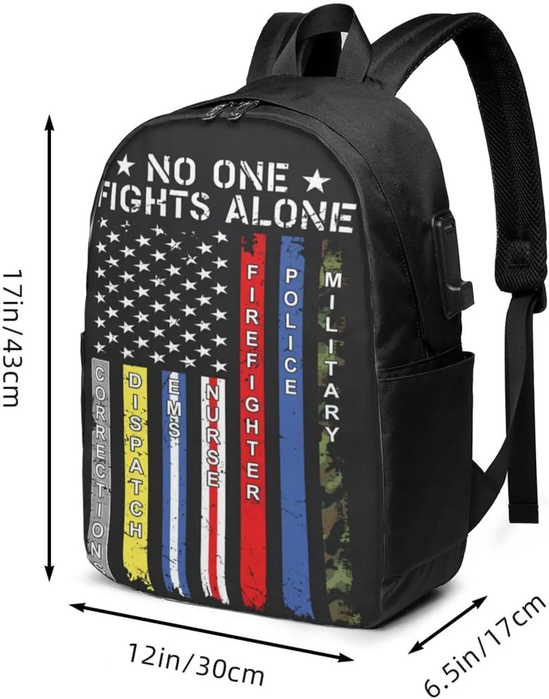 No One Fights Alone American Flag Backpack 17 Inch Laptop Backpacks Outdoor Travel Rucksack Work Business Daypack with USB Port Carry On Bag for Cycling Hiking