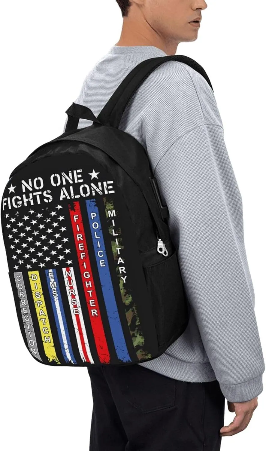No One Fights Alone American Flag Backpack 17 Inch Laptop Backpacks Outdoor Travel Rucksack Work Business Daypack with USB Port Carry On Bag for Cycling Hiking