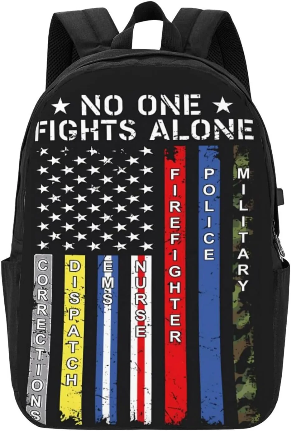 No One Fights Alone American Flag Backpack 17 Inch Laptop Backpacks Outdoor Travel Rucksack Work Business Daypack with USB Port Carry On Bag for Cycling Hiking