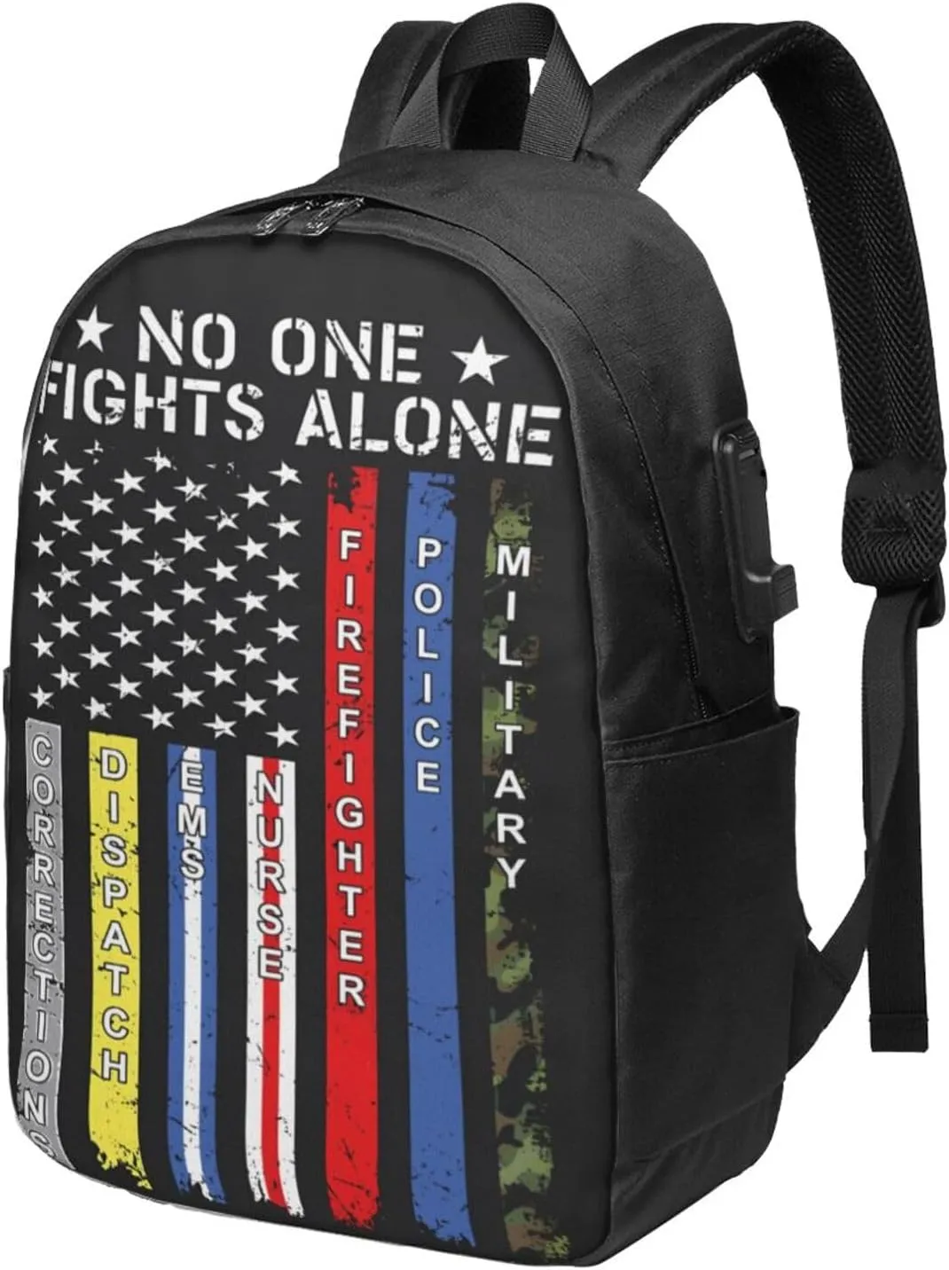 No One Fights Alone American Flag Backpack 17 Inch Laptop Backpacks Outdoor Travel Rucksack Work Business Daypack with USB Port Carry On Bag for Cycling Hiking
