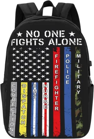 No One Fights Alone American Flag Backpack 17 Inch Laptop Backpacks Outdoor Travel Rucksack Work Business Daypack with USB Port Carry On Bag for Cycling Hiking