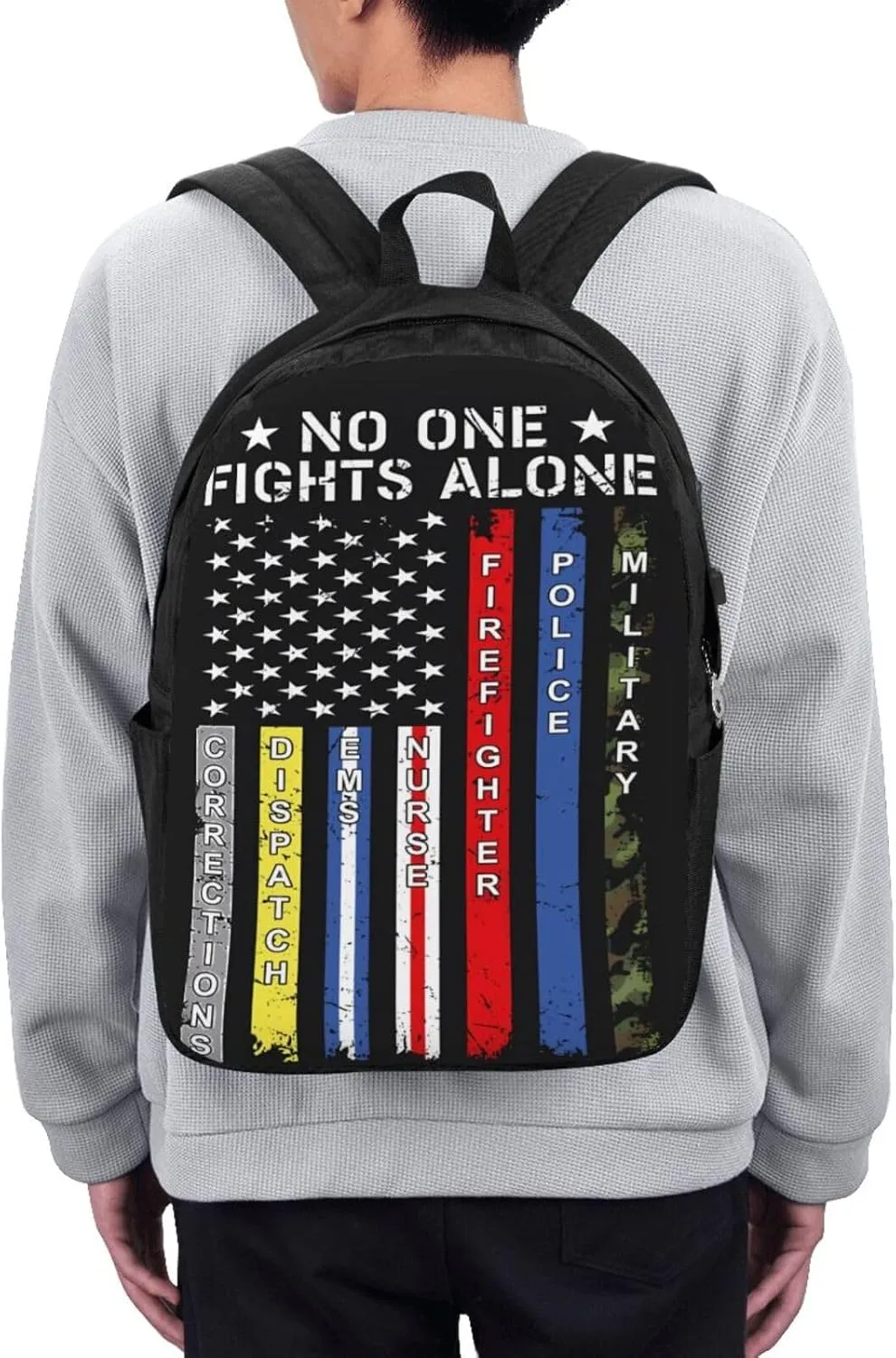 No One Fights Alone American Flag Backpack 17 Inch Laptop Backpacks Outdoor Travel Rucksack Work Business Daypack with USB Port Carry On Bag for Cycling Hiking