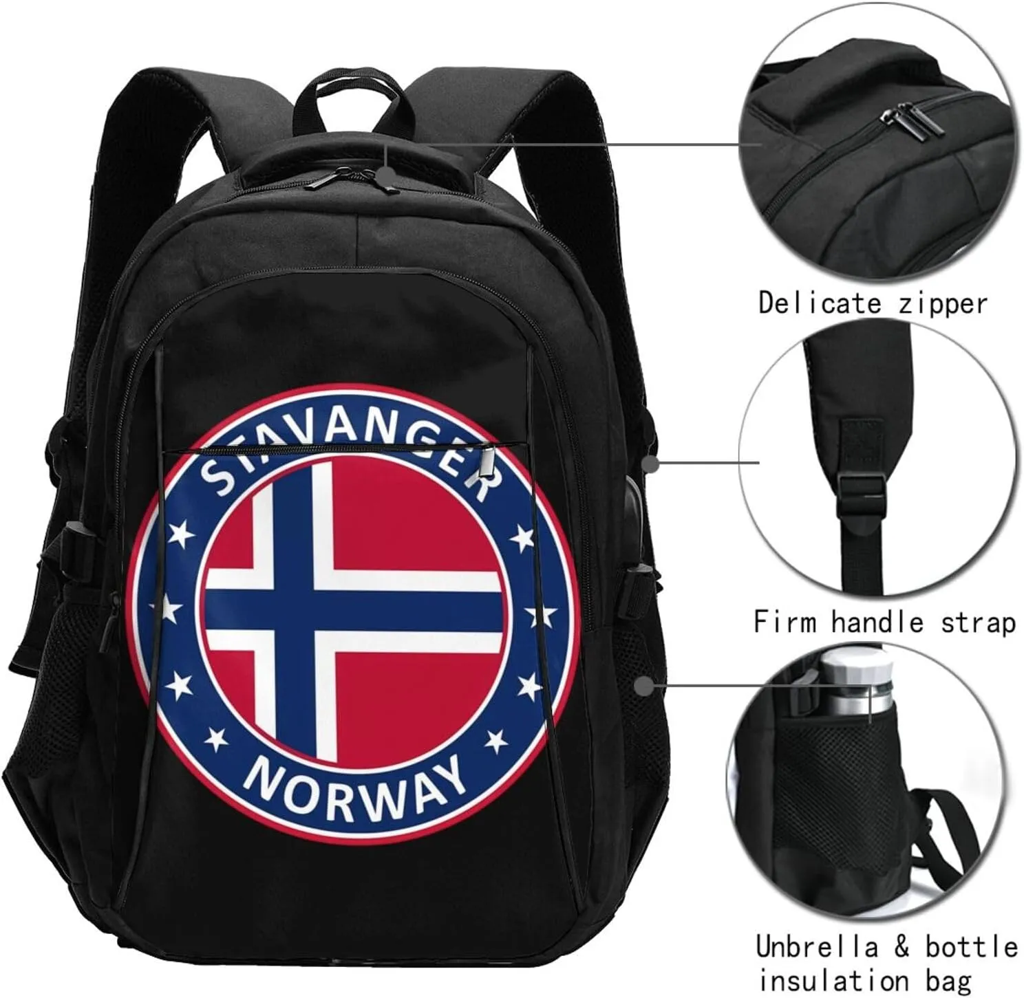 Norway Norwegian Flag Business Laptop Backpack Travel Backpacks Outdoor Rucksack Large Bag Daypack with USB Charging Port Multi-Pocket for Hiking Camping