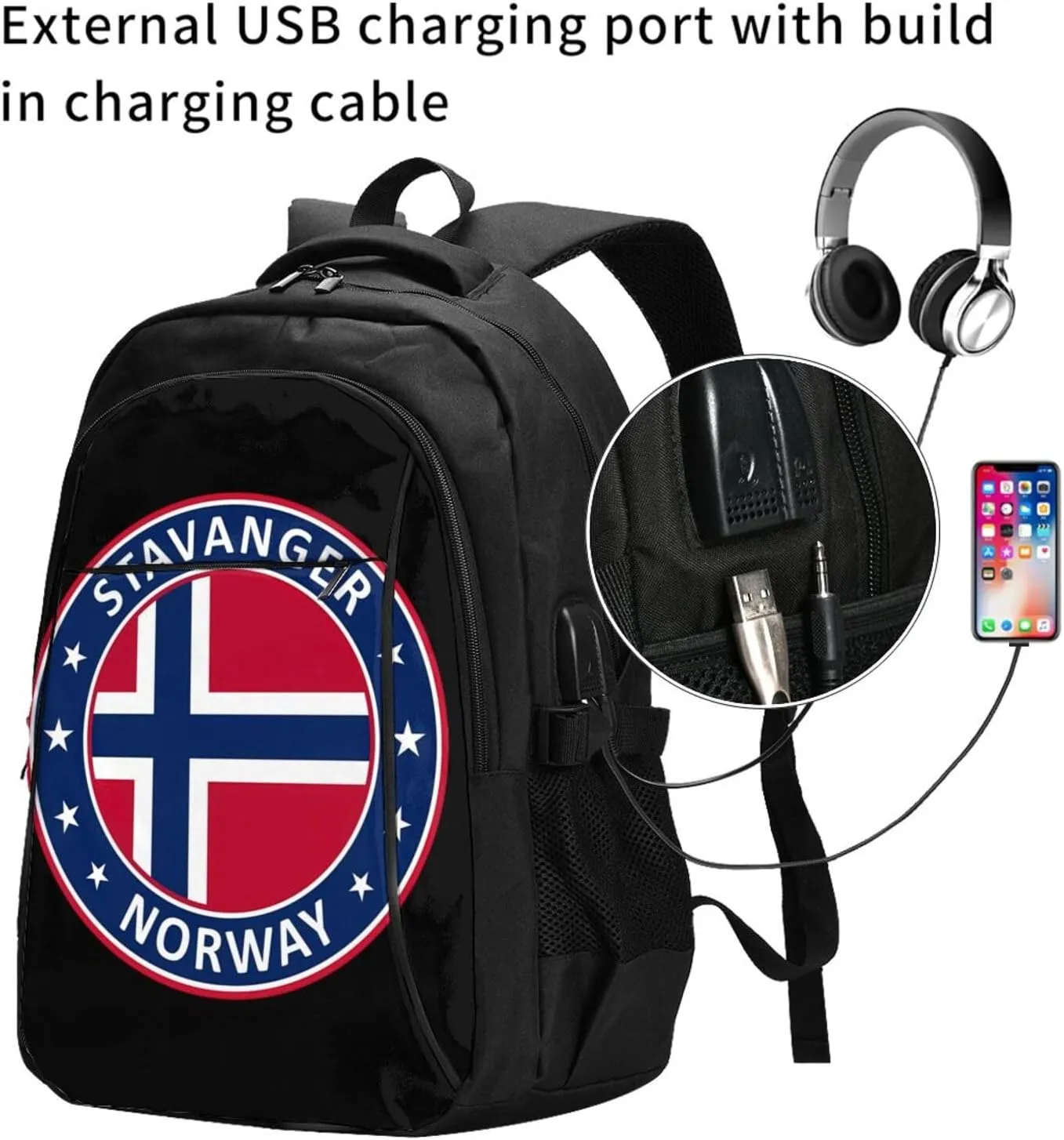 Norway Norwegian Flag Business Laptop Backpack Travel Backpacks Outdoor Rucksack Large Bag Daypack with USB Charging Port Multi-Pocket for Hiking Camping