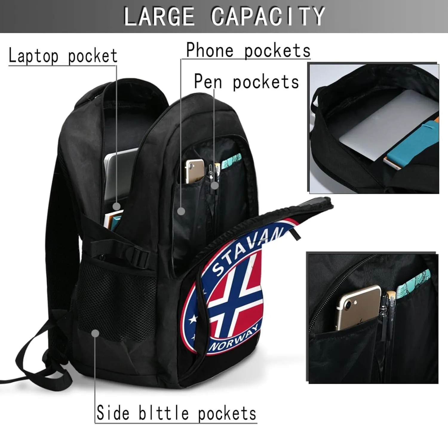 Norway Norwegian Flag Business Laptop Backpack Travel Backpacks Outdoor Rucksack Large Bag Daypack with USB Charging Port Multi-Pocket for Hiking Camping