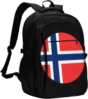 Norway Norwegian Flag Round Business Laptop Backpack Travel Backpacks Outdoor Rucksack Large Bag Daypack with USB Charging Port Multi-Pocket for Hiking Camping