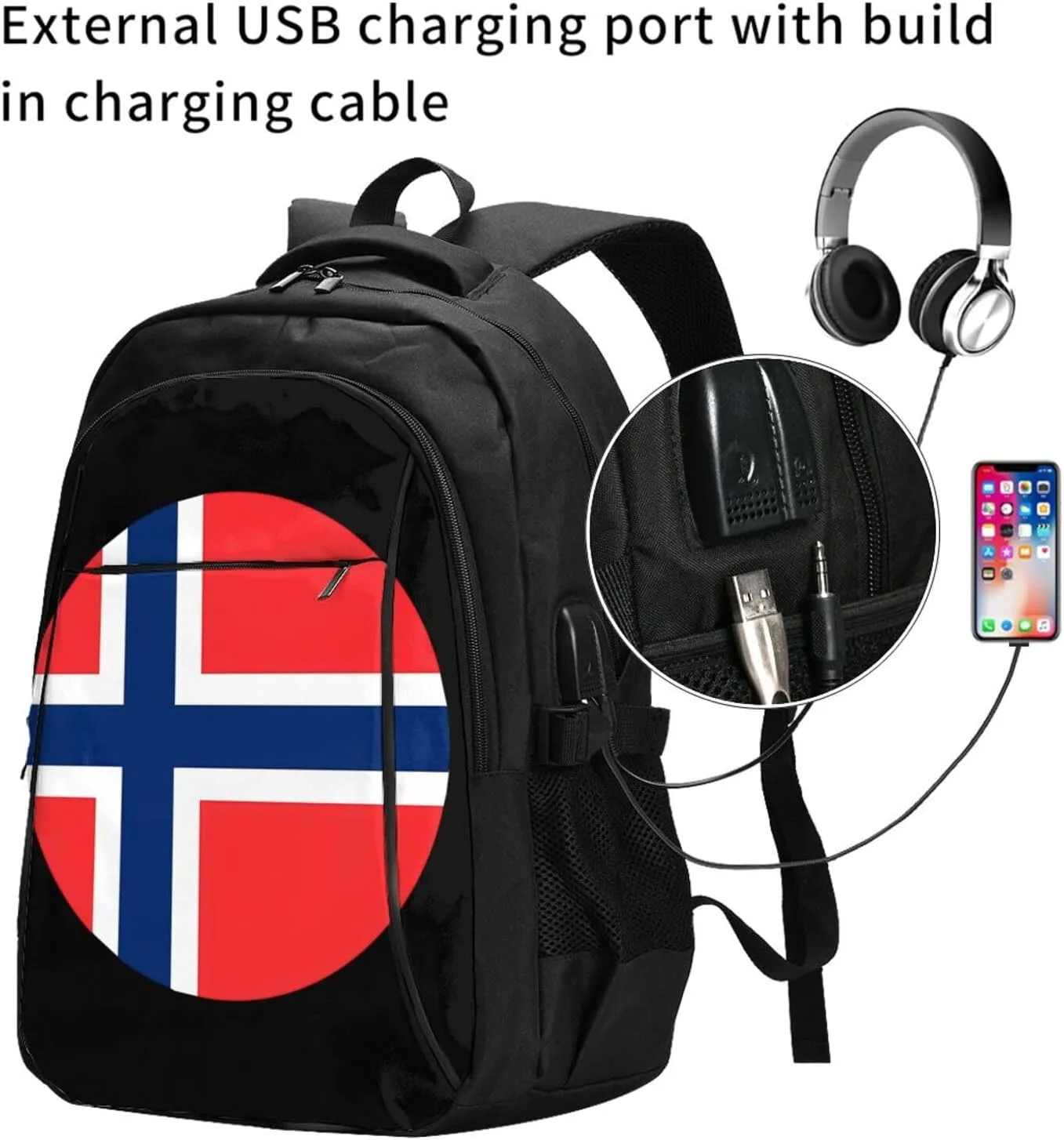 Norway Norwegian Flag Round Business Laptop Backpack Travel Backpacks Outdoor Rucksack Large Bag Daypack with USB Charging Port Multi-Pocket for Hiking Camping