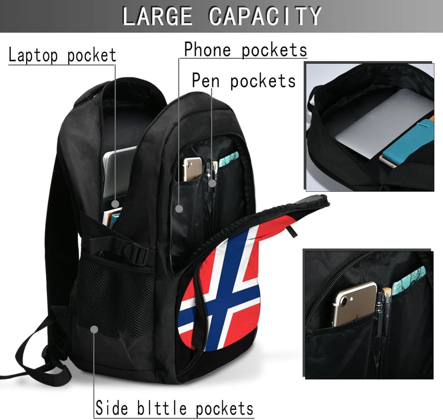 Norway Norwegian Flag Round Business Laptop Backpack Travel Backpacks Outdoor Rucksack Large Bag Daypack with USB Charging Port Multi-Pocket for Hiking Camping