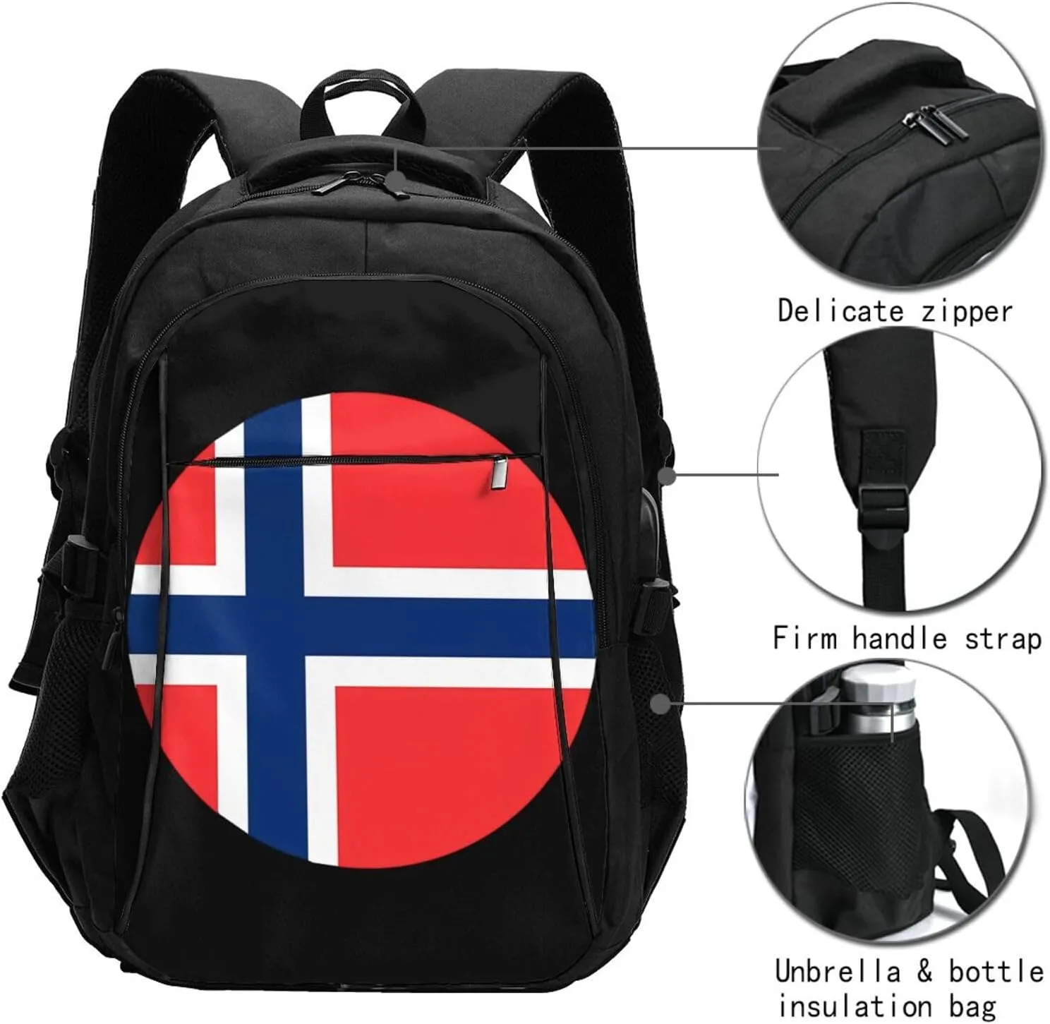 Norway Norwegian Flag Round Business Laptop Backpack Travel Backpacks Outdoor Rucksack Large Bag Daypack with USB Charging Port Multi-Pocket for Hiking Camping