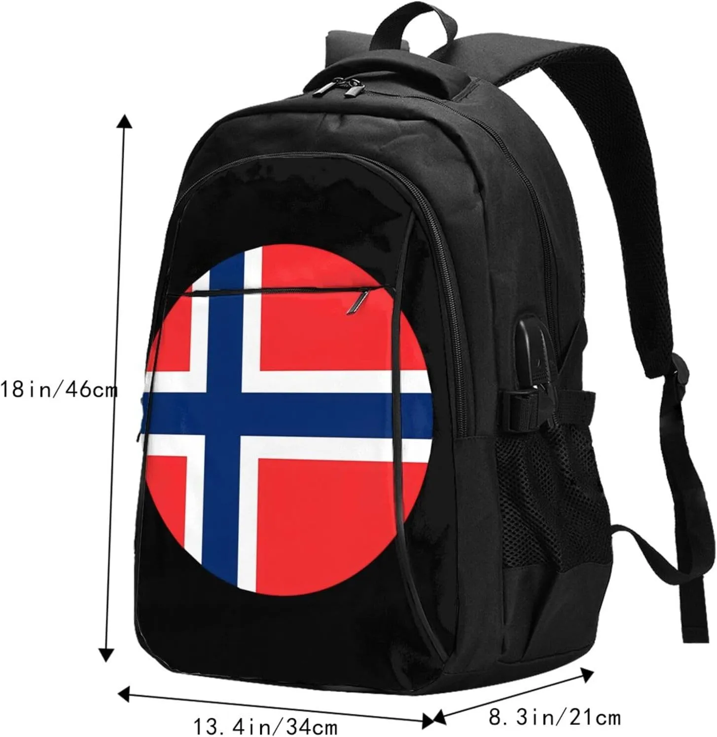 Norway Norwegian Flag Round Business Laptop Backpack Travel Backpacks Outdoor Rucksack Large Bag Daypack with USB Charging Port Multi-Pocket for Hiking Camping