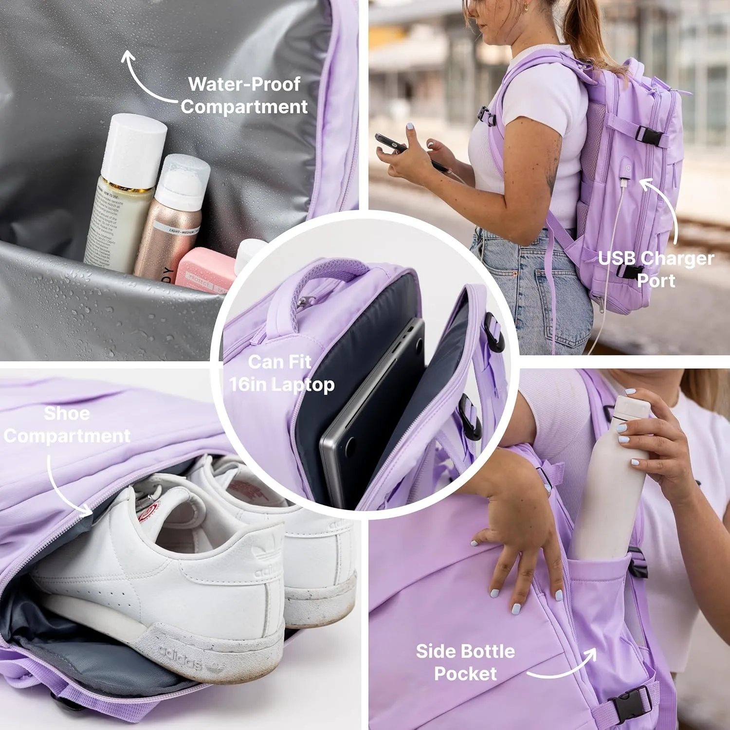 (Not Made In China) Travel Backpack For Men and Women, Airline Approved Carry On Bag w/Shoe Compartment, Fits 16 inch Laptop Computer, Personal Item Bag w/USB Charging Port (Columbus, Lavender)