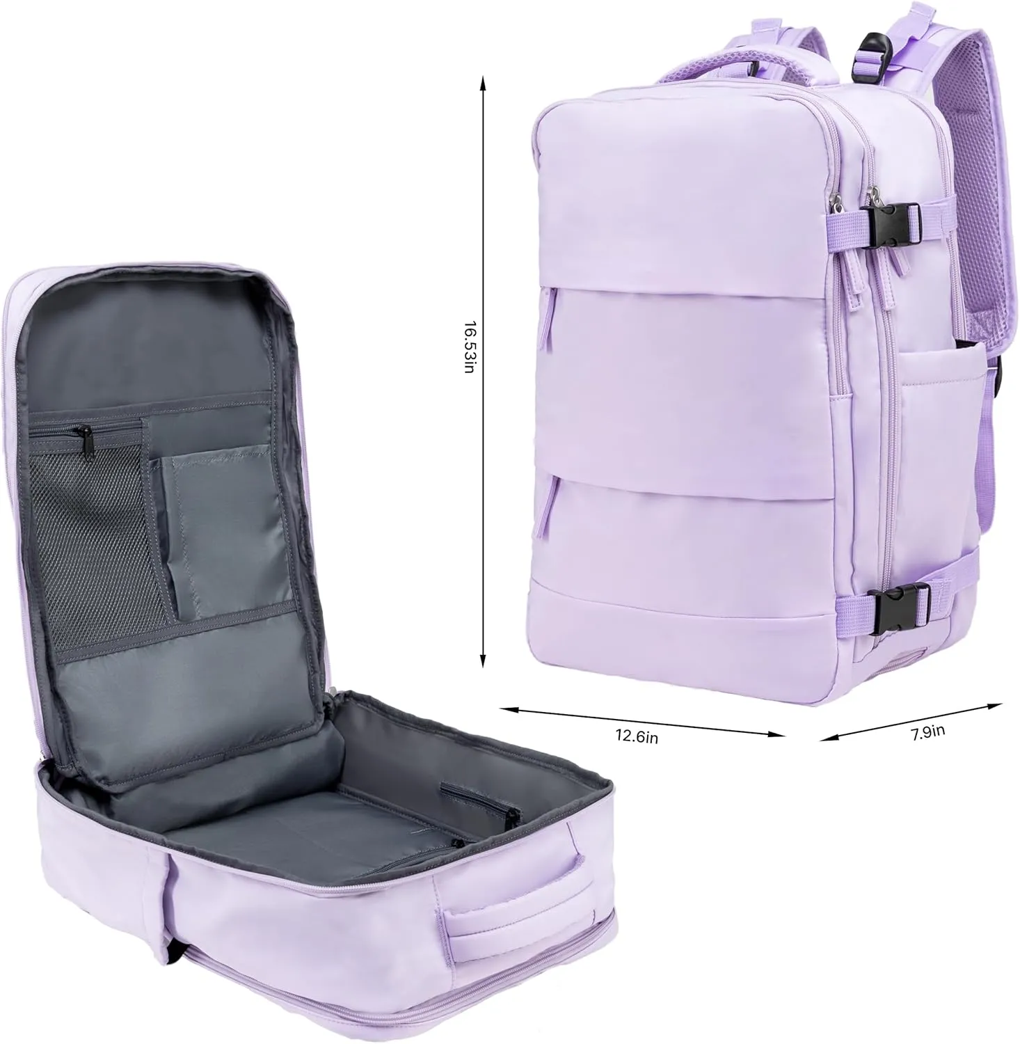 (Not Made In China) Travel Backpack For Men and Women, Airline Approved Carry On Bag w/Shoe Compartment, Fits 16 inch Laptop Computer, Personal Item Bag w/USB Charging Port (Columbus, Lavender)