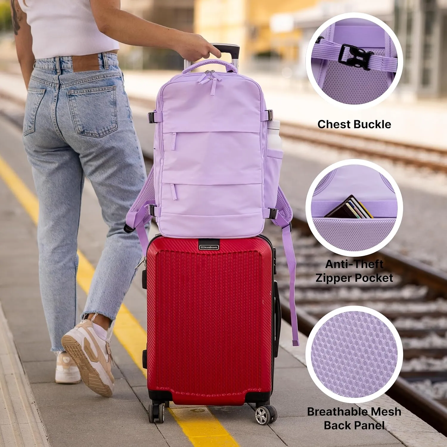 (Not Made In China) Travel Backpack For Men and Women, Airline Approved Carry On Bag w/Shoe Compartment, Fits 16 inch Laptop Computer, Personal Item Bag w/USB Charging Port (Columbus, Lavender)