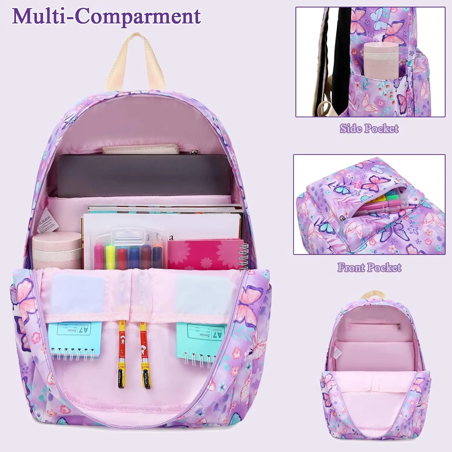 Octsky Kids Backpack for Girls Elementary Primary Middle School Bags for Teens Childs Bookbags Cute Durable Travel Gifts Butterfly Purple