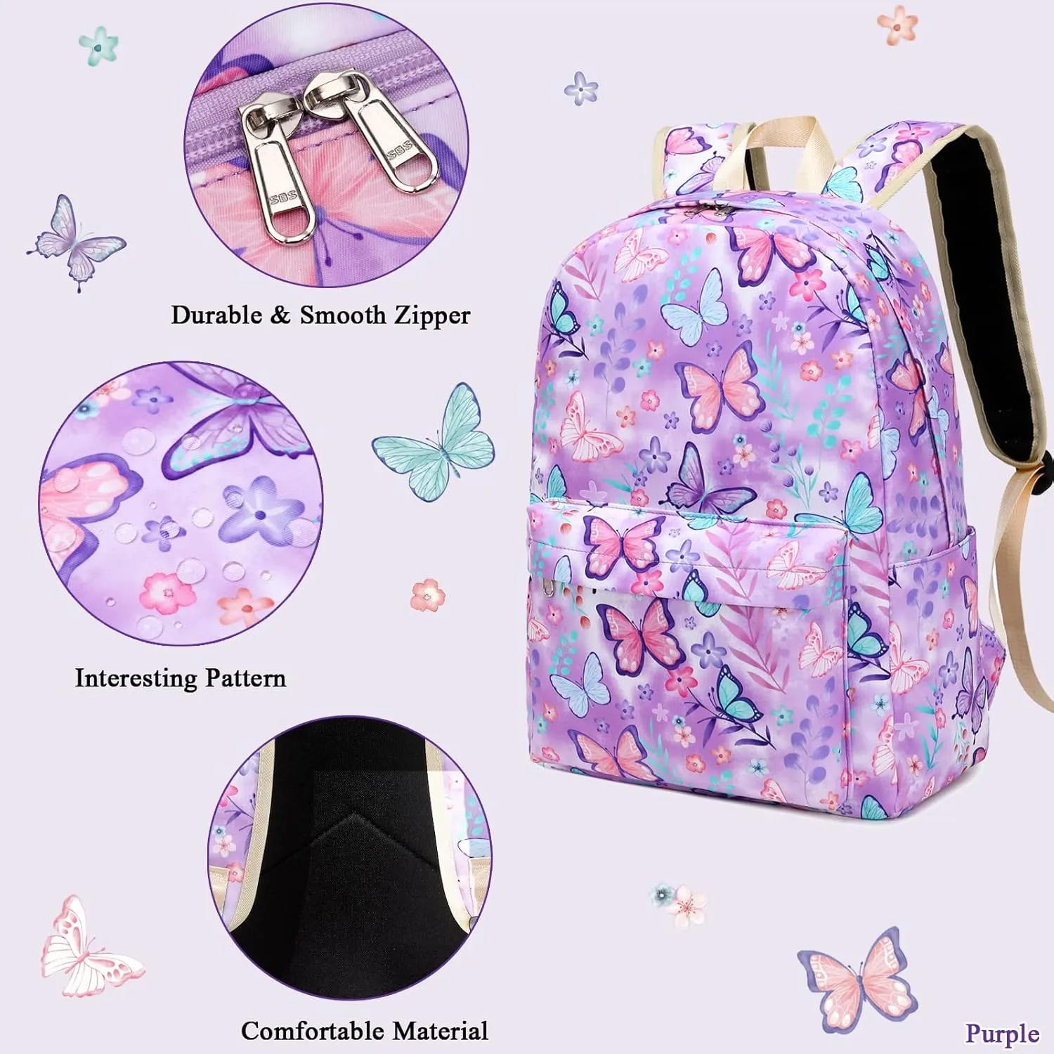 Octsky Kids Backpack for Girls Elementary Primary Middle School Bags for Teens Childs Bookbags Cute Durable Travel Gifts Butterfly Purple