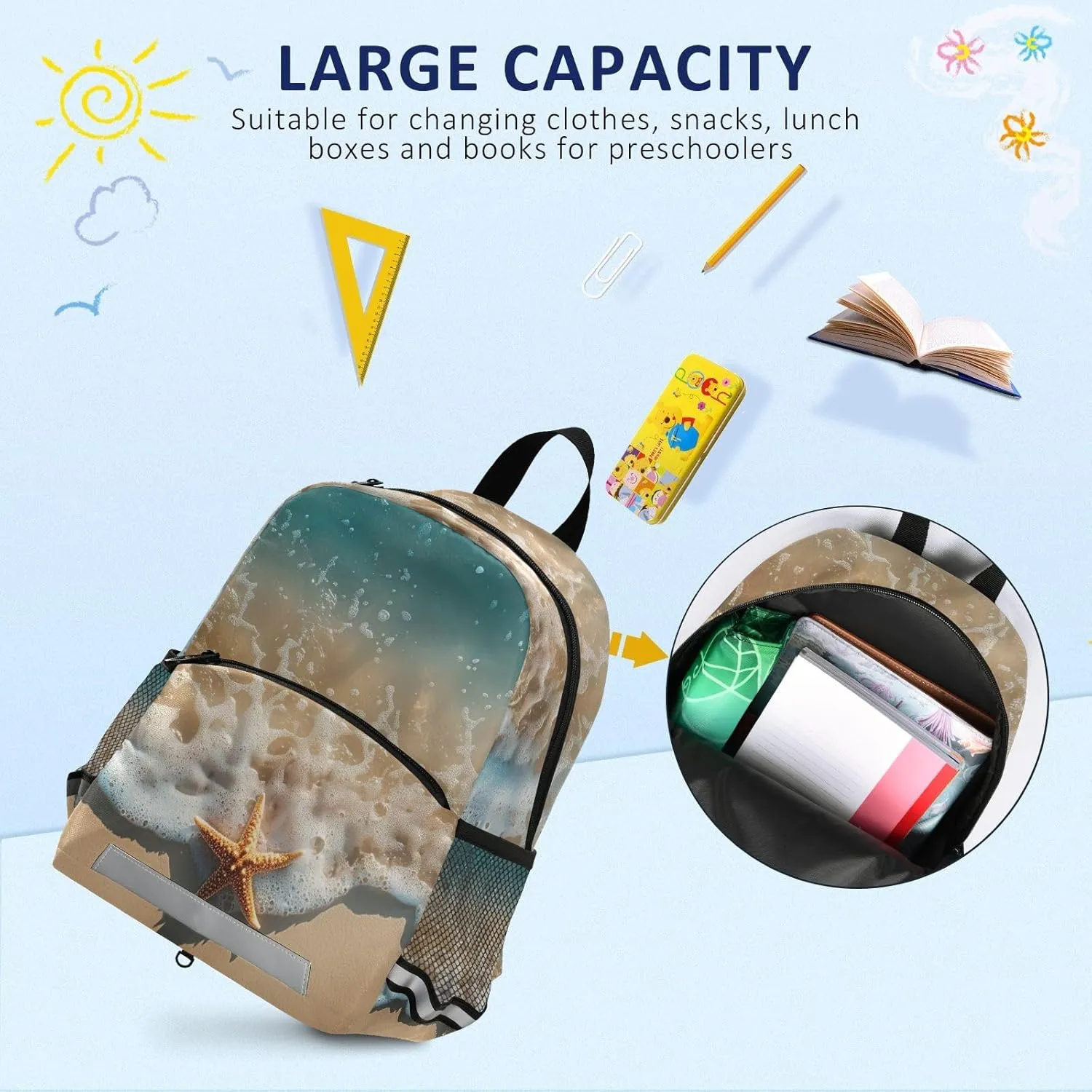 ODAWA Beautiful Beach Summer Travel Backpack for Kids Kids Backpack with Reflective Tape Strips